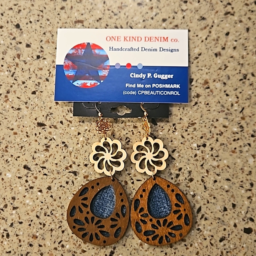 ONE KIND DENIM co. LONG DENIM EMBELLISHED  DANGLE EARRINGS!! OS